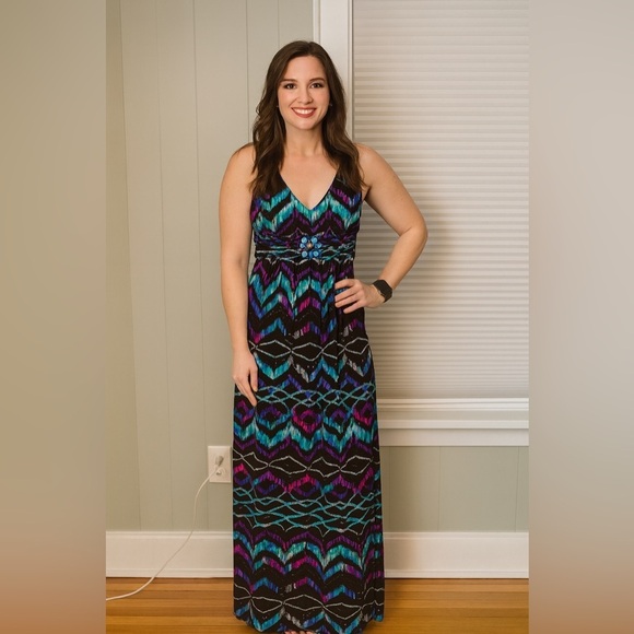 Bisou Bisou Maxi Dress 6P Petite V-Neck Jeweled Empire Waist Geometric Print - Picture 1 of 5